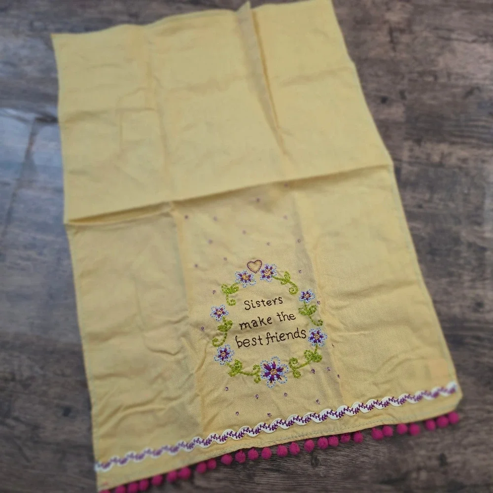 UNBRANDED Decorative Hand Towel Unisex OS Yellow Sisters Embroidered Pom Pom